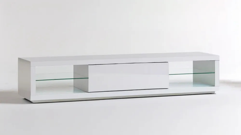 Biała szafka RTV z MDF ze szklanymi półkami, 180 x 40 x 40 cm