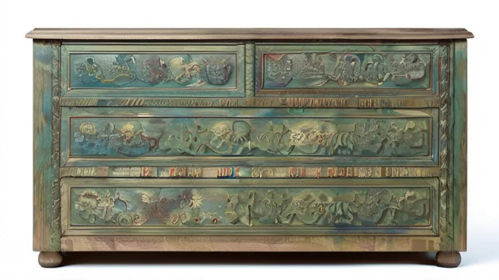 Drewniana komoda vintage zielono-brązowa z rzeźbionymi frontami 120 x 45 x 90 cm