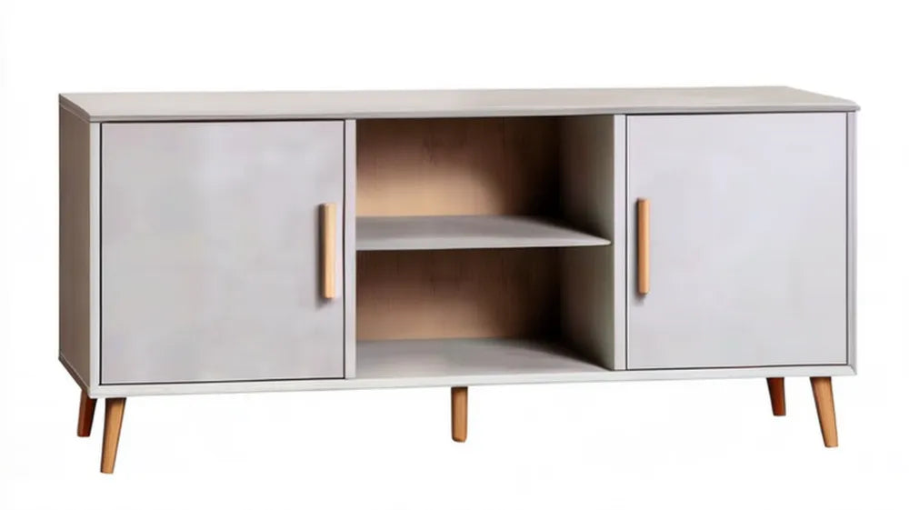 Biała szafka RTV z MDF 140 x 40 x 60 cm z 2 drzwiami i otwartymi półkami