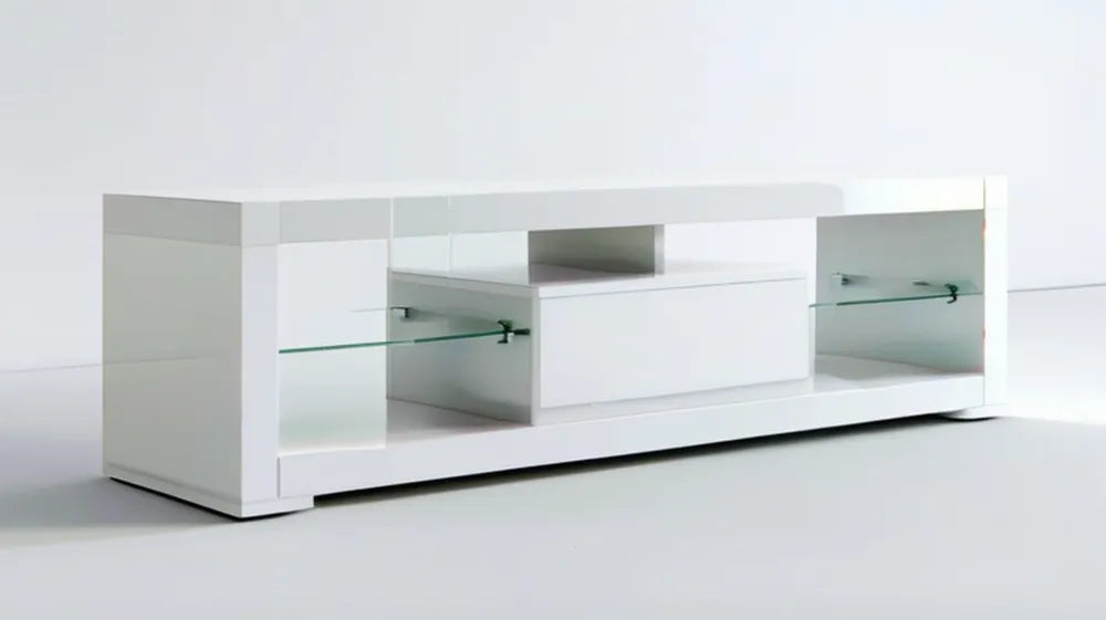 Biała szafka RTV z MDF i szkła, 160 x 40 x 45 cm