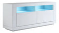 Biała szafka RTV z niebieskim oświetleniem LED, płyta laminowana, 140 x 40 x 50 cm