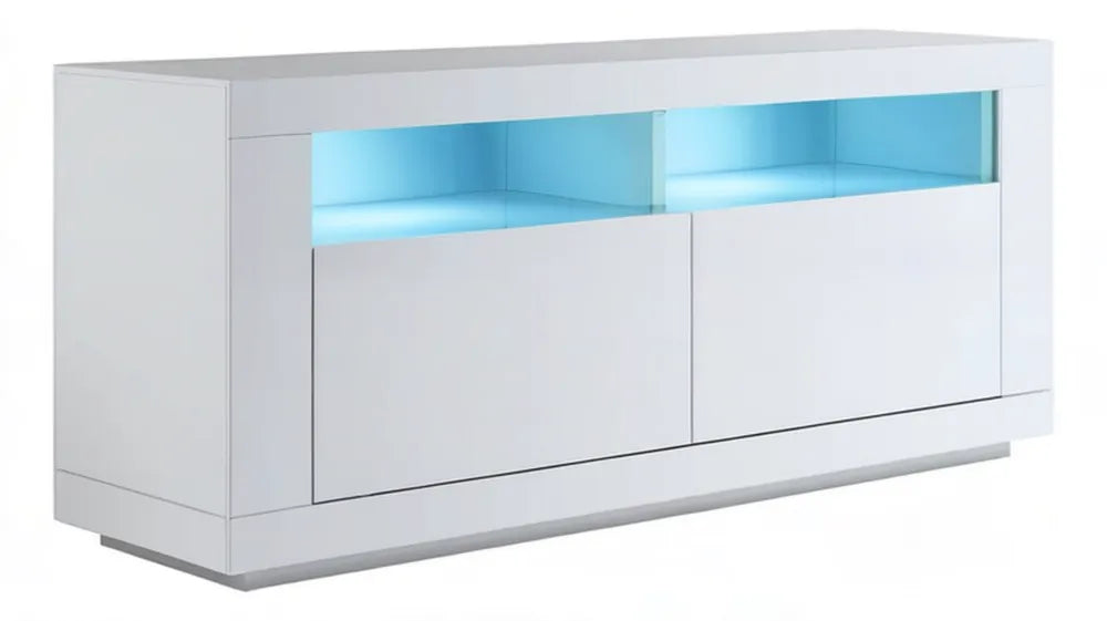 Biała szafka RTV z niebieskim oświetleniem LED, płyta laminowana, 140 x 40 x 50 cm