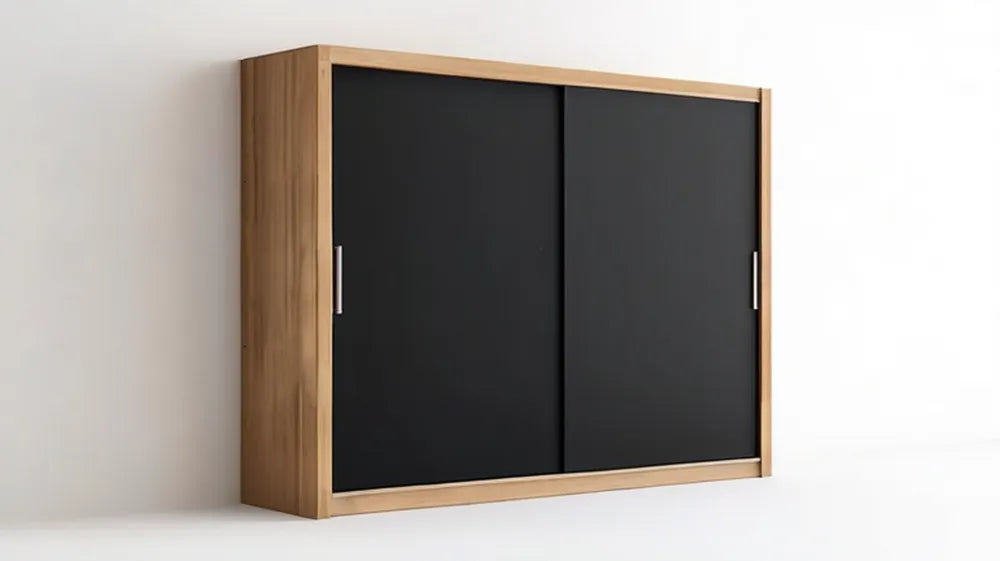 Szafa przesuwna 2-drzwiowa z płyty laminowanej, czarna matowa/dąb naturalny, 160 x 60 x 200 cm