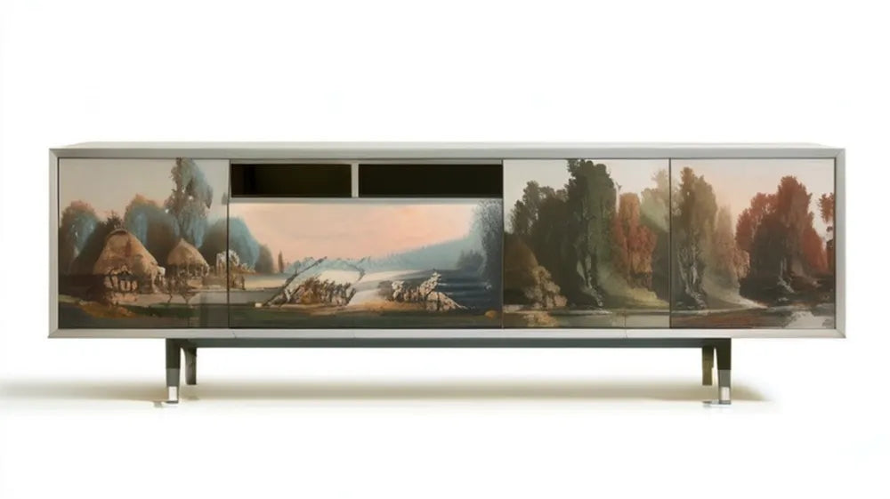 Szafka RTV z MDF z nadrukiem krajobrazu, jasnoszara 180 x 40 x 50 cm