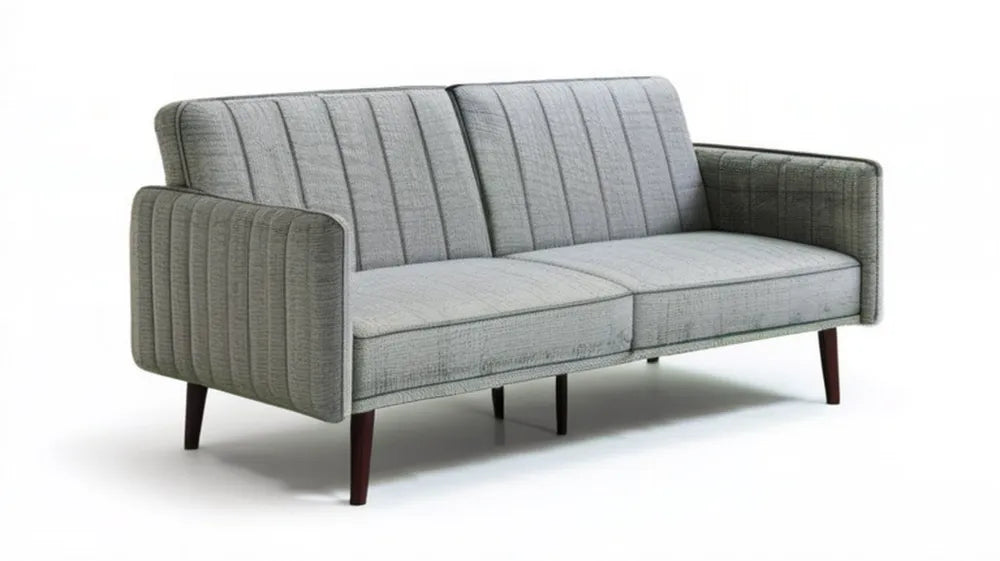 Trzyosobowa sofa z tkaniny poliestrowej, szara z ciemnobrązowymi nogami, 210 x 85 x 82 cm