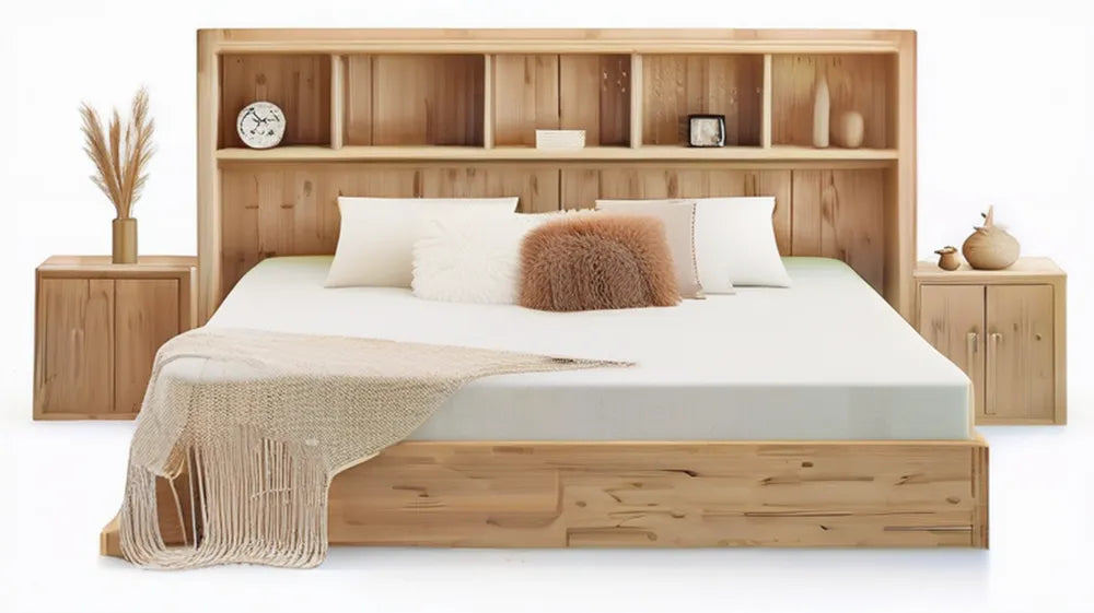 Łóżko dwuosobowe 160 x 200 cm z zagłówkiem z półkami i 2 szafkami nocnymi, naturalny jasny brąz
