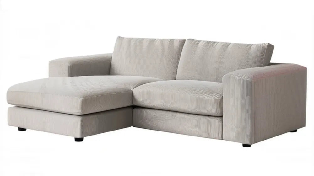 Beżowa sofa narożna z lewym szezlongiem, sztruksowa, 220 × 150 × 85 cm