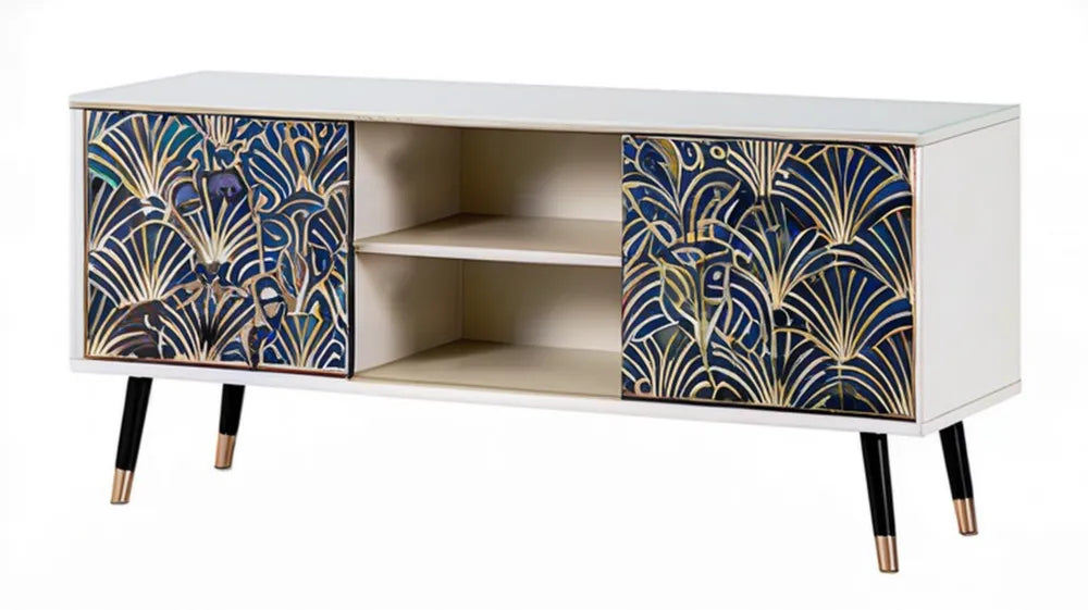 Szafka RTV Art Deco z MDF, biała granatowo-złoto-czarna, 120 x 40 x 60 cm