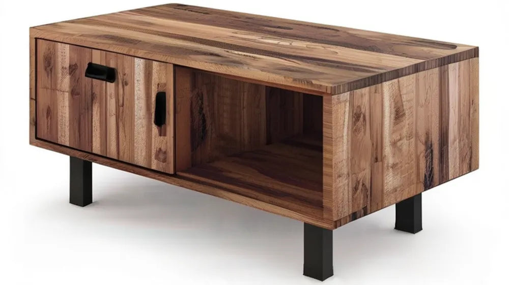 Prostokątny stolik kawowy z litego drewna akacjowego na czarnych stalowych nogach, 110 x 60 x 45 cm