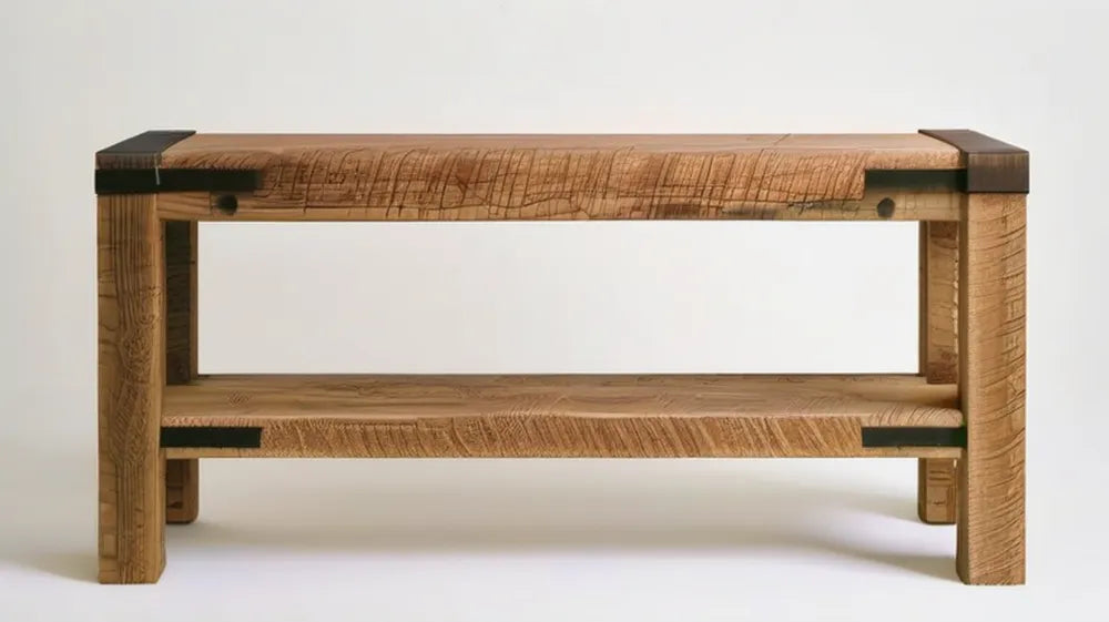 Rustykalna ławka z litego drewna dębowego z półką, naturalny brąz/czarny, 90 × 35 × 45 cm