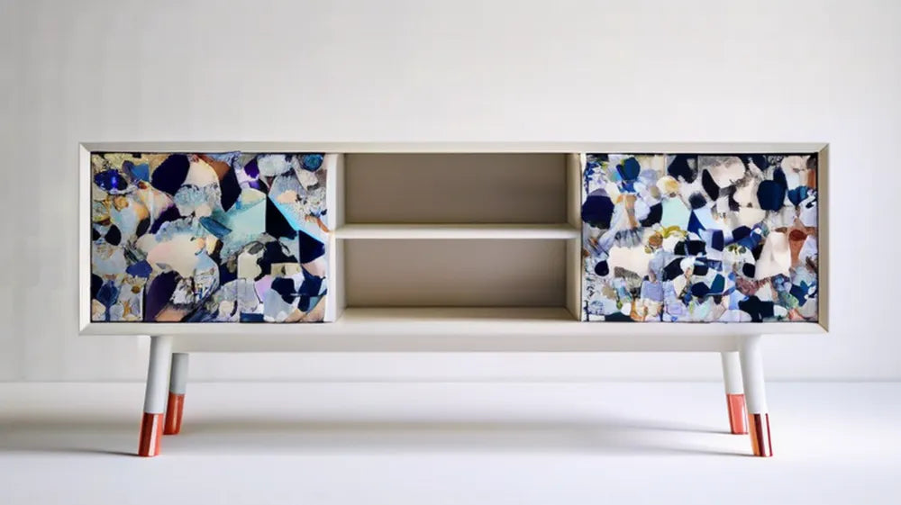 Biała komoda z przesuwnymi frontami abstrakcyjnymi 160 x 40 x 75 cm