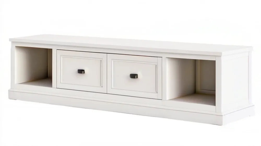 Biała szafka RTV z MDF, 180 x 45 x 50 cm, 2 szuflady i 2 otwarte wnęki