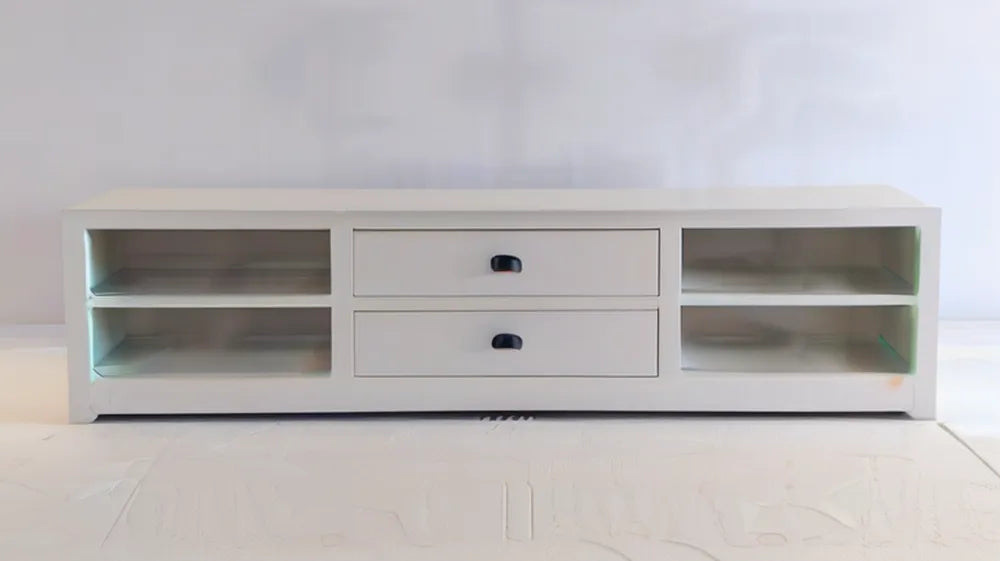 Biała szafka RTV z MDF 180 x 40 x 45 cm, 4 otwarte wnęki i 2 szuflady