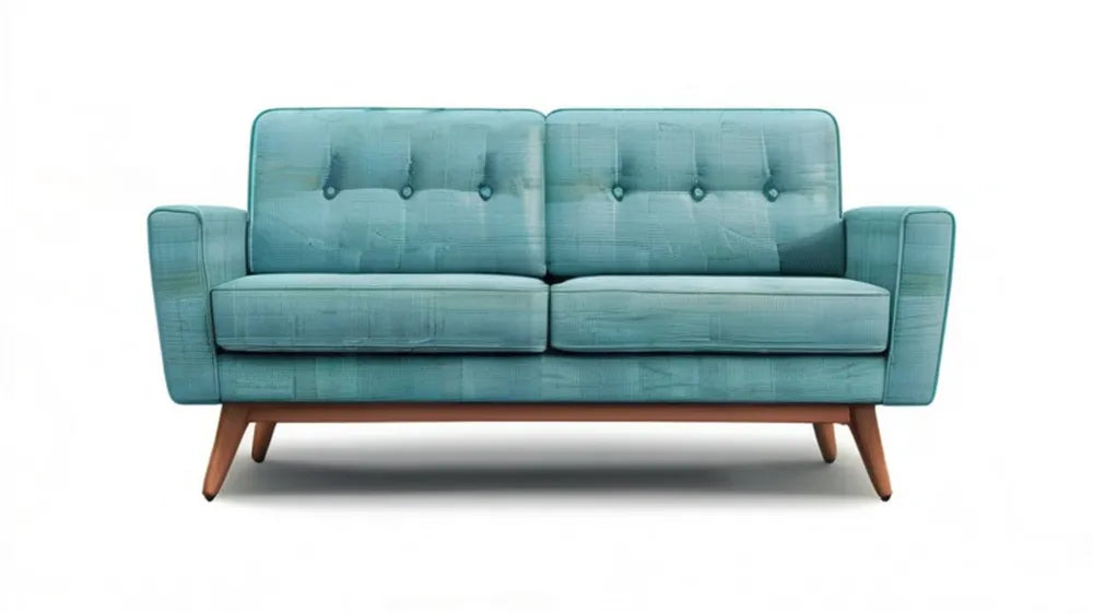 Turkusowa sofa dwuosobowa w stylu retro z drewnianymi nogami 150 x 82 x 86 cm