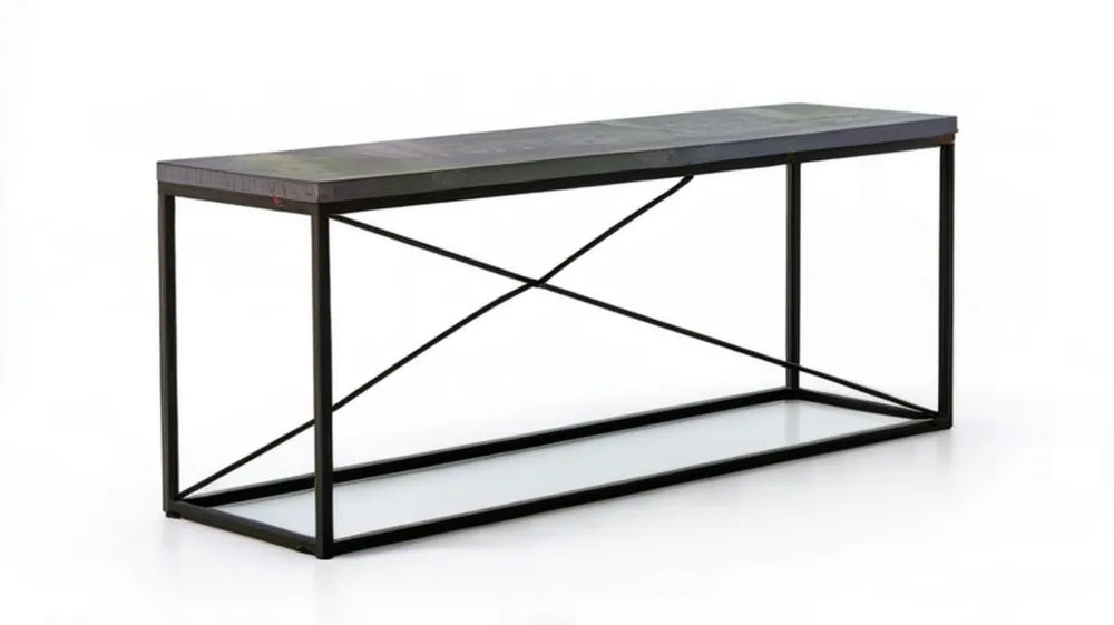 Konsola industrialna z blatem MDF w kolorze szarego drewna i czarnym stalowym stelażem, 120 x 35 x 75 cm